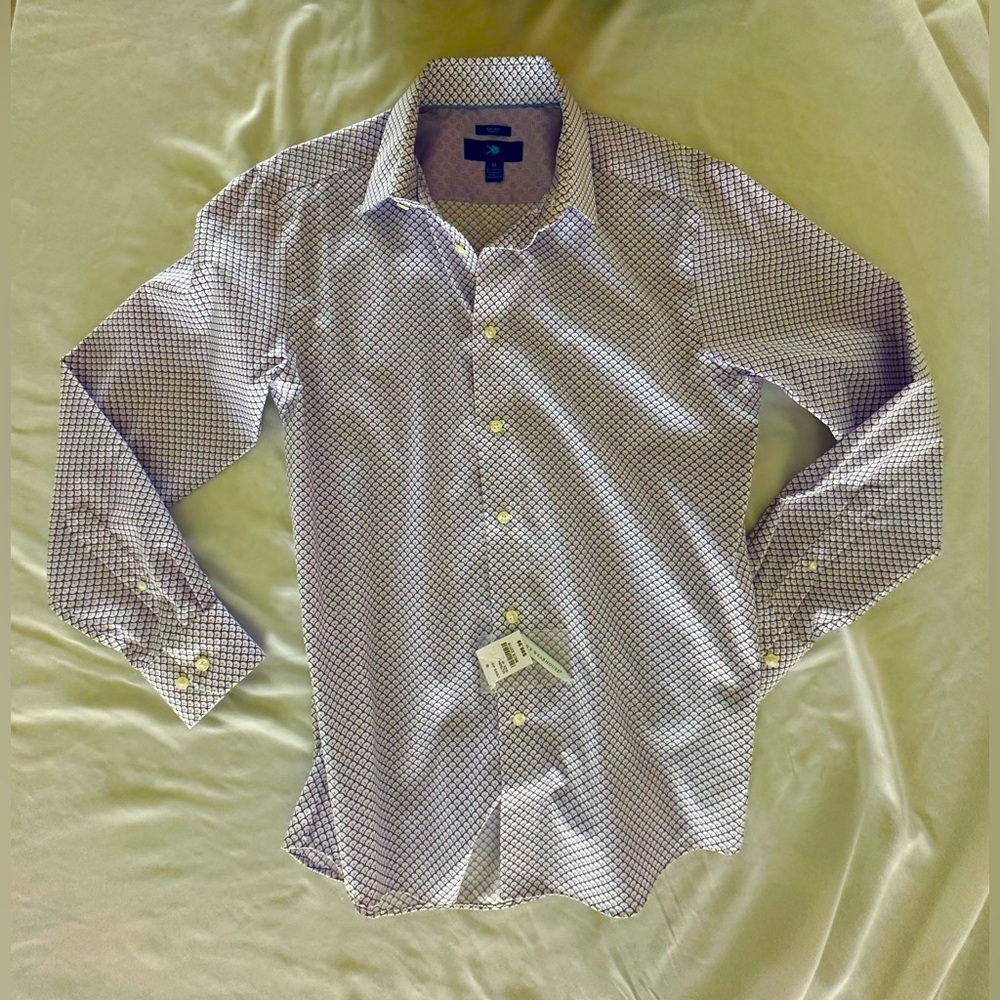 Egara NWT Men’s M Stretch Athletic Ppl, White & Blue Pattern Shirt Non Iron